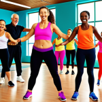 **Image Prompt:** A vibrant, dynamic Zumba class in a modern gym. Focus on diverse individuals of different ages and body types energetically participating, led by an enthusiastic instructor. Bright colors, upbeat music visualized through sound waves, and a sense of community and fun should be prominent. Consider adding subtle visual cues indicating progress and achievement.