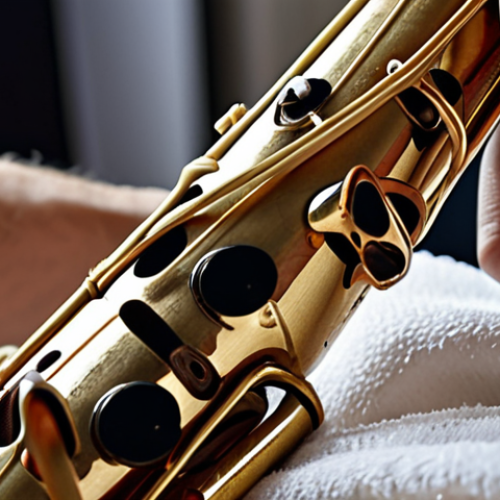 Home 18 ** A close-up shot of a saxophone reed being gently cleaned with a soft cloth. Focus on the detail of the reed and the cleaning process. The background should be blurred, suggesting a musician's workspace. Keywords: Saxophone reed, cleaning, maintenance, soft cloth, musician, close-up.
**
