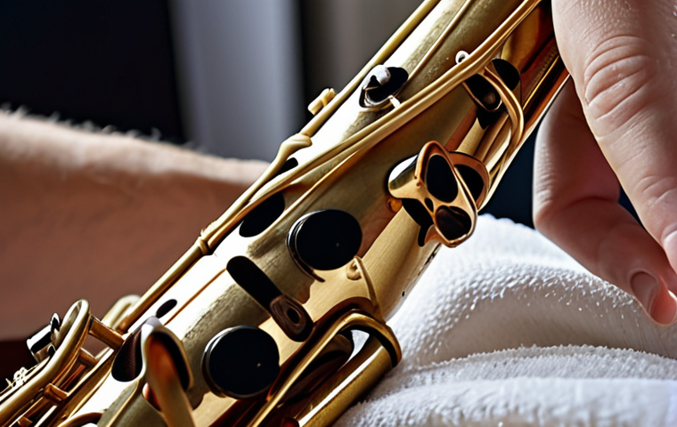 ** A close-up shot of a saxophone reed being gently cleaned with a soft cloth. Focus on the detail of the reed and the cleaning process. The background should be blurred, suggesting a musician's workspace. Keywords: Saxophone reed, cleaning, maintenance, soft cloth, musician, close-up.

**