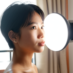 **

"Bright, natural light streaming through a window illuminating a Vietnamese content creator filming a close-up shot of their face with a ring light. Soft shadows, professional three-point lighting setup visible. Focus on smooth skin and inviting atmosphere. Vlog style setting, modern apartment background."

**