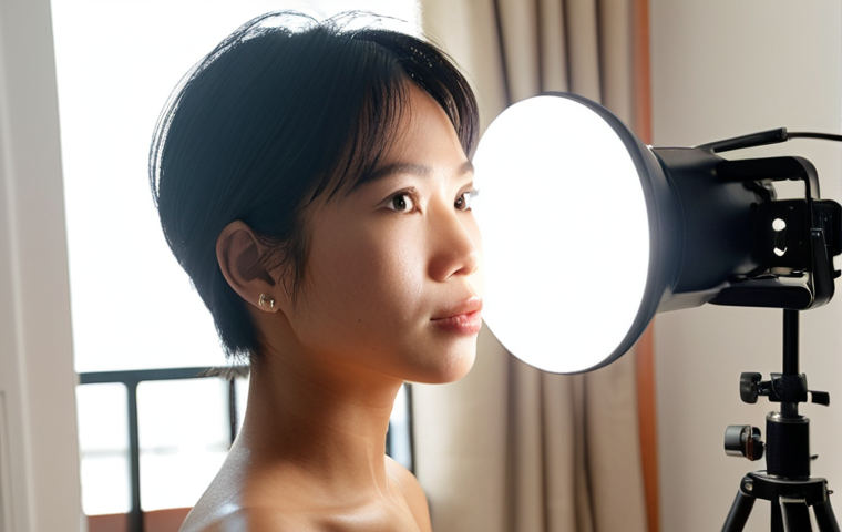 **

"Bright, natural light streaming through a window illuminating a Vietnamese content creator filming a close-up shot of their face with a ring light. Soft shadows, professional three-point lighting setup visible. Focus on smooth skin and inviting atmosphere. Vlog style setting, modern apartment background."

**