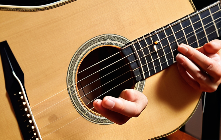 **Image Prompt 1:**
    "A close-up shot of a young Vietnamese beginner's hands on an acoustic guitar with nylon strings. Their fingertips appear slightly red, indicating initial finger pain from practice. On a nearby wooden surface, essential beginner guitar accessories are neatly arranged: a smartphone displaying a guitar tuner app, a capo, a few guitar picks of various thicknesses, and a small metronome. The setting is a warm, inviting practice space, bathed in soft light, conveying a sense of diligent effort and the foundational steps of learning guitar."