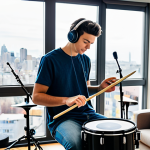 A young adult in comfortable, modest t-shirt and jeans, fully clothed, playing an electronic drum kit with mesh pads. The setting is a compact, modern apartment living room with a large window showcasing a blurred city skyline. The drummer wears headphones, focusing intently. Soft, natural light fills the room. The image emphasizes quiet, space-saving practice in an urban environment. Safe for work, appropriate content, modest clothing, perfect anatomy, correct proportions, natural pose, well-formed hands, proper finger count, natural body proportions, professional photography, high resolution, family-friendly.
