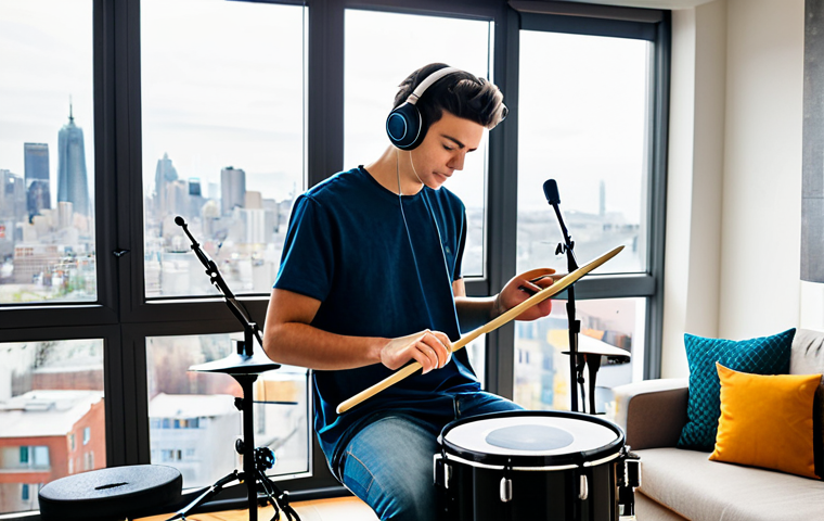 A young adult in comfortable, modest t-shirt and jeans, fully clothed, playing an electronic drum kit with mesh pads. The setting is a compact, modern apartment living room with a large window showcasing a blurred city skyline. The drummer wears headphones, focusing intently. Soft, natural light fills the room. The image emphasizes quiet, space-saving practice in an urban environment. Safe for work, appropriate content, modest clothing, perfect anatomy, correct proportions, natural pose, well-formed hands, proper finger count, natural body proportions, professional photography, high resolution, family-friendly.