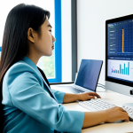 A professional Vietnamese woman in a modest business suit, fully clothed, working diligently at a modern desk in a sunlit, contemporary co-working space in Ho Chi Minh City. She is focused on a large monitor displaying AI-driven analytics and data visualizations, with subtle Vietnamese architectural details in the background. The atmosphere is innovative and highly productive. Appropriate attire, safe for work, perfect anatomy, correct proportions, natural pose, well-formed hands, proper finger count, natural body proportions, professional photography, high quality, family-friendly.