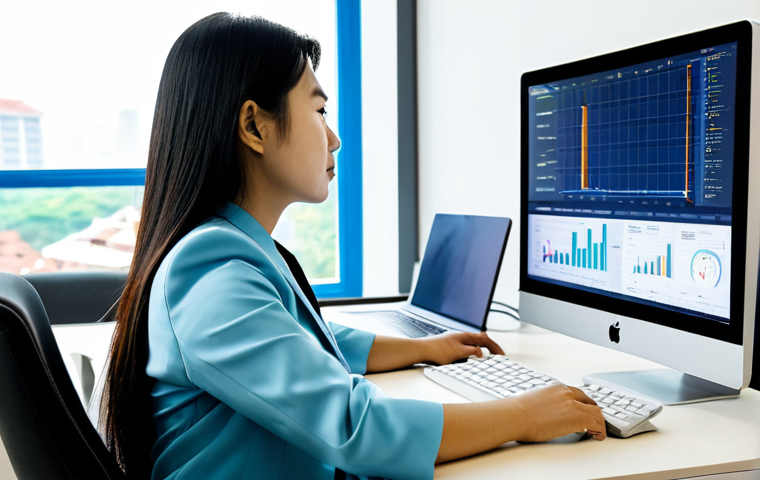 A professional Vietnamese woman in a modest business suit, fully clothed, working diligently at a modern desk in a sunlit, contemporary co-working space in Ho Chi Minh City. She is focused on a large monitor displaying AI-driven analytics and data visualizations, with subtle Vietnamese architectural details in the background. The atmosphere is innovative and highly productive. Appropriate attire, safe for work, perfect anatomy, correct proportions, natural pose, well-formed hands, proper finger count, natural body proportions, professional photography, high quality, family-friendly.