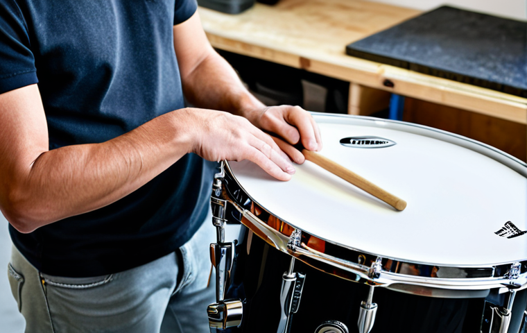 **

A person assembling a bass drum, fully clothed in casual attire, in a well-lit garage. The bass drum is black with chrome hardware. Tools are neatly organized on a nearby workbench. The focus is on the assembly process, with a clear view of the adjustable legs being attached. Safe for work, appropriate content, family-friendly, professional photography, well-formed hands, correct proportions, natural pose.

**