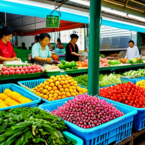 Home 19 Vibrant Market Scene**
A bustling Vietnamese market scene filled with fresh produce. Focus on vibrant colors of seasonal fruits like mangoes, dragon fruit, and rambutan. Display vendors arranging fresh greens like morning glory and bok choy. Include close-ups of fish and meat stalls with sellers carefully selecting cuts. All food should appear clean and appetizing. Emphasis on proper food handling. safe for work, appropriate content, fully clothed vendors, professional, family-friendly, perfect anatomy, natural proportions, high quality.
**