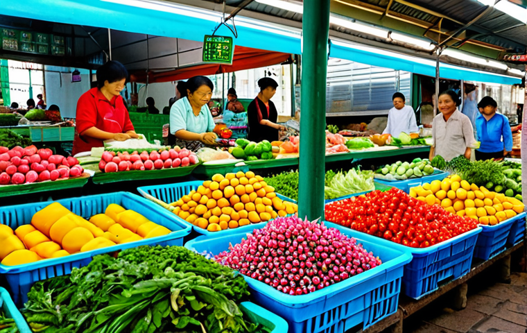 Vibrant Market Scene**

A bustling Vietnamese market scene filled with fresh produce. Focus on vibrant colors of seasonal fruits like mangoes, dragon fruit, and rambutan. Display vendors arranging fresh greens like morning glory and bok choy. Include close-ups of fish and meat stalls with sellers carefully selecting cuts. All food should appear clean and appetizing. Emphasis on proper food handling. safe for work, appropriate content, fully clothed vendors, professional, family-friendly, perfect anatomy, natural proportions, high quality.

**