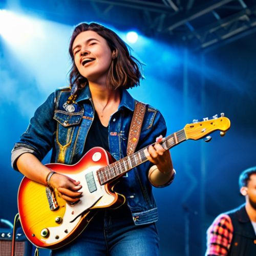 Home 6 기타 페달보드 조립법 - **Image Prompt 1:** A female guitarist in her late 20s, on stage at a music festival, playing a vint...