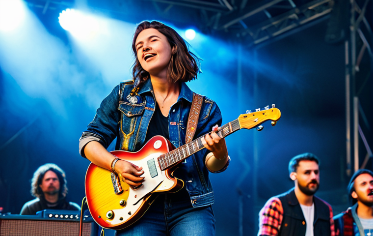 기타 페달보드 조립법 - **Image Prompt 1:** A female guitarist in her late 20s, on stage at a music festival, playing a vint...