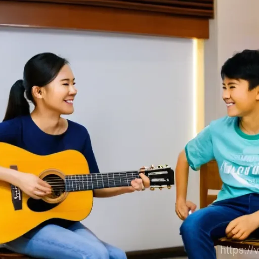 기타 음악 학원 추천 - **Prompt: Inspiring Guitar Lesson with a Patient Teacher**
    A warmly lit, cozy music studio in Vi...