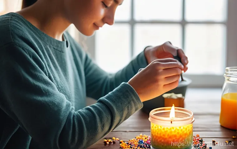 기타 DIY 제작 키트 - **Prompt 1: Cozy Candle Making Session**
    "A cozy, brightly lit indoor scene. A person, casually ...