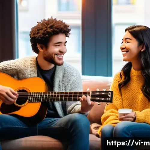 Home 30 기타 듀오 곡 추천 - **Prompt:** A cozy and warm image of two diverse musicians, one male and one female, in their late 2...