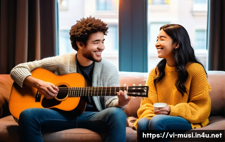 기타 듀오 곡 추천 - **Prompt:** A cozy and warm image of two diverse musicians, one male and one female, in their late 2...