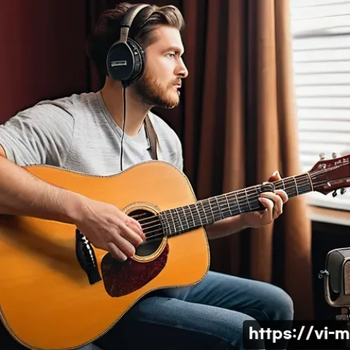 Home 15 기타 세션 녹음 팁 - A professional home recording studio setup focused on capturing acoustic guitar sound: a large-diaph...