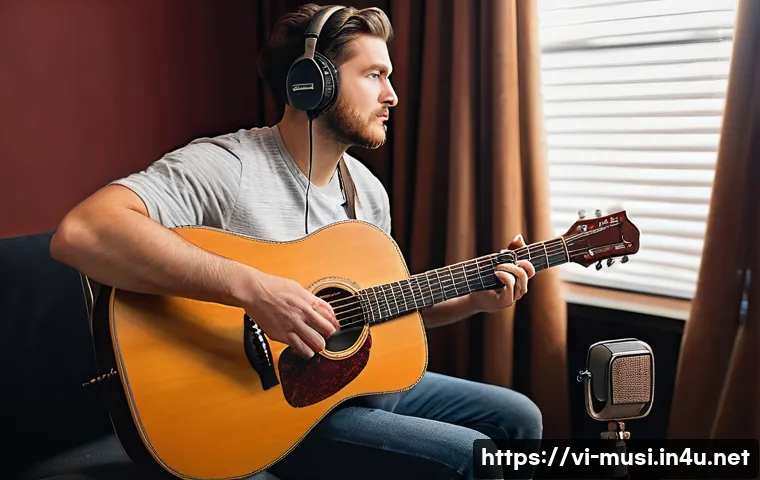 기타 세션 녹음 팁 - A professional home recording studio setup focused on capturing acoustic guitar sound: a large-diaph...