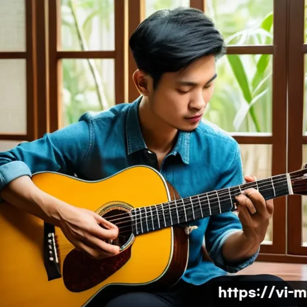 기타 톤 변화 원리 - A detailed close-up scene of a Vietnamese guitarist practicing chord transitions on a classic acoust...