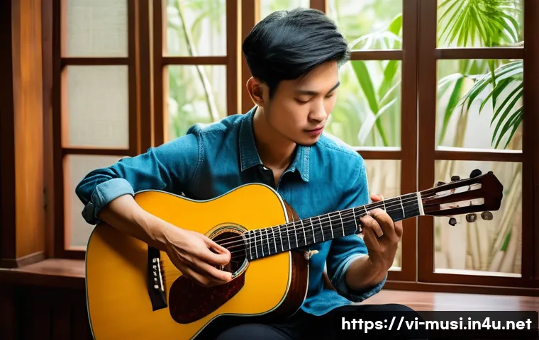 기타 톤 변화 원리 - A detailed close-up scene of a Vietnamese guitarist practicing chord transitions on a classic acoust...