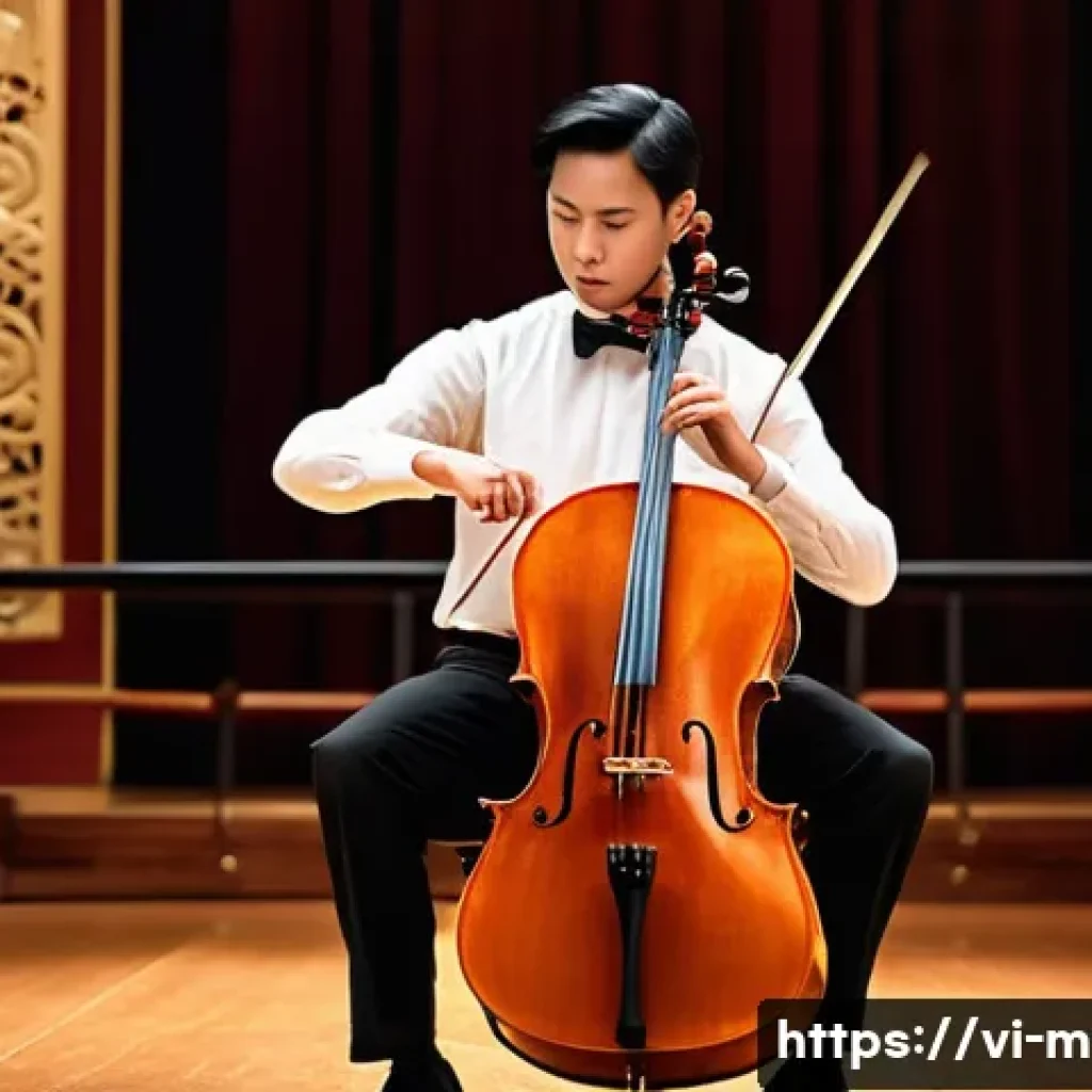 첼로 연주 관련 영상 추천 - A sophisticated classical cello performance scene set in a grand Vietnamese concert hall, featuring ...