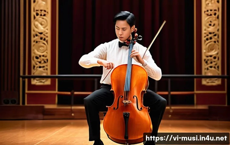 첼로 연주 관련 영상 추천 - A sophisticated classical cello performance scene set in a grand Vietnamese concert hall, featuring ...