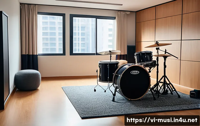 드럼 연습 소음 문제 해결 - A cozy indoor music practice room in a modern Vietnamese apartment, featuring thick soundproof walls...