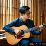 Home 20 기타 곡 편곡 방법 - A vibrant scene of a young Vietnamese guitarist practicing fingerstyle technique in a cozy, modern r...