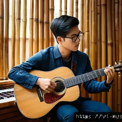 Home 32 기타 곡 편곡 방법 - A vibrant scene of a young Vietnamese guitarist practicing fingerstyle technique in a cozy, modern r...