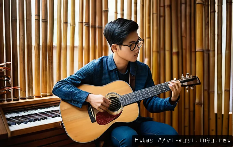 기타 곡 편곡 방법 - A vibrant scene of a young Vietnamese guitarist practicing fingerstyle technique in a cozy, modern r...