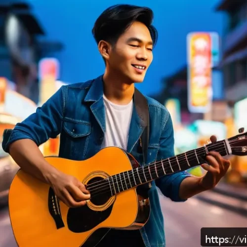 Home 31 기타와 음성 인식 기술 - A young Vietnamese musician playing a smart guitar with voice recognition features on a vibrant city...