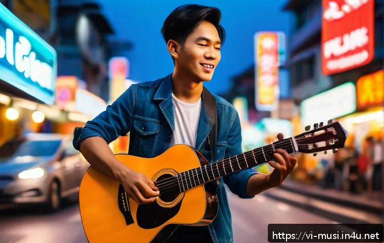기타와 음성 인식 기술 - A young Vietnamese musician playing a smart guitar with voice recognition features on a vibrant city...
