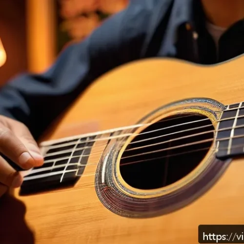 Home 30 기타 합주 시 고려 사항 - A close-up scene of a skilled Vietnamese guitarist playing fingerpicking style on a classical acoust...