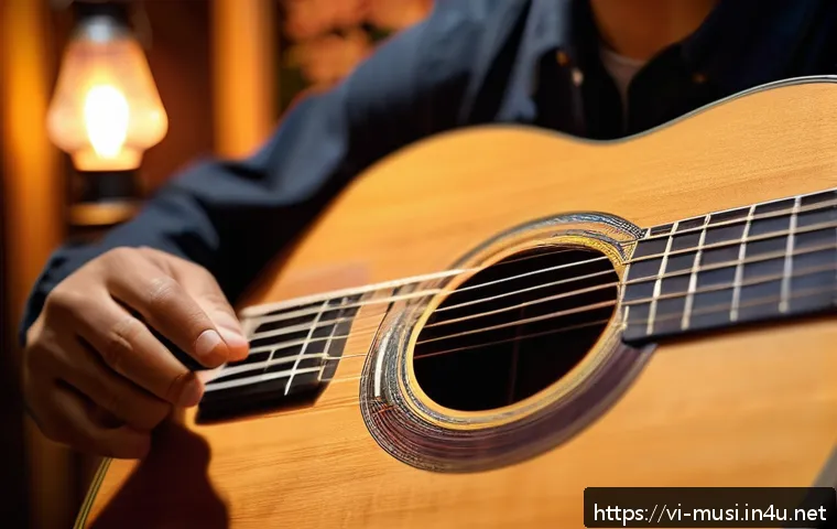 기타 합주 시 고려 사항 - A close-up scene of a skilled Vietnamese guitarist playing fingerpicking style on a classical acoust...