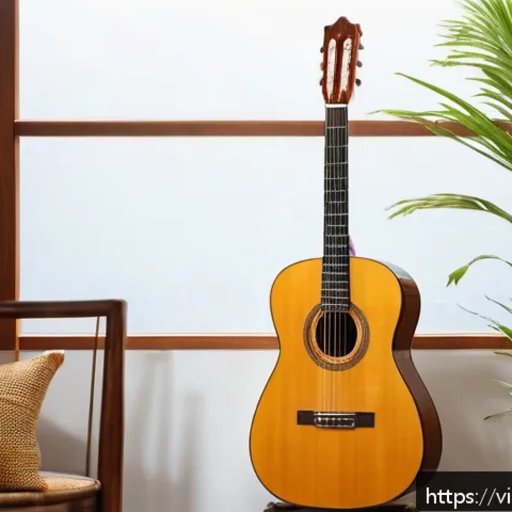 기타 브랜드별 스펙 비교 - A classic acoustic guitar with a simple, elegant design featuring a spruce wood top, finely detailed...