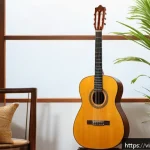 Home 23 기타 브랜드별 스펙 비교 - A classic acoustic guitar with a simple, elegant design featuring a spruce wood top, finely detailed...