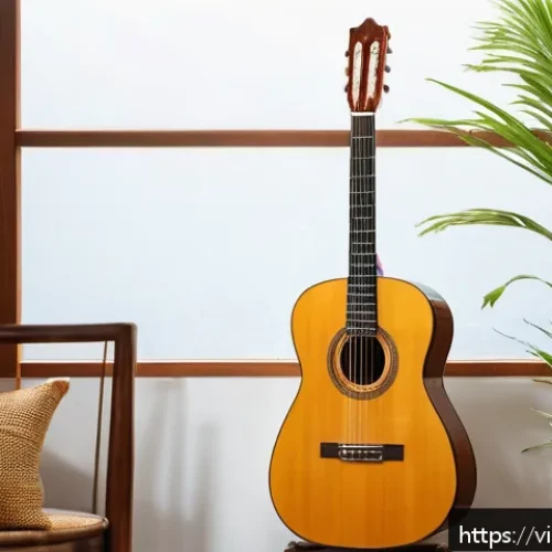 Home 17 기타 브랜드별 스펙 비교 - A classic acoustic guitar with a simple, elegant design featuring a spruce wood top, finely detailed...