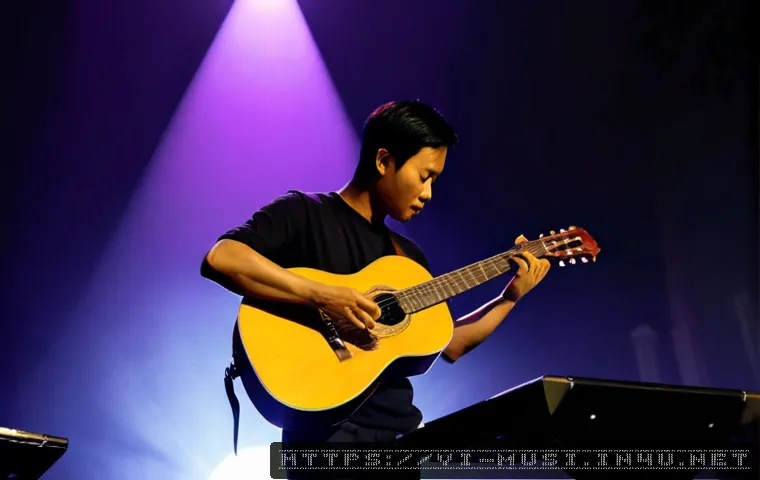 Home 17 기타 무대 연출법 - Photorealistic Vietnamese guitarist performing on a small contemporary music stage in Ho Chi Minh Ci...
