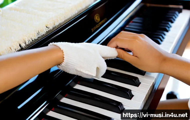 피아노 건반 청소 팁 - Photorealistic close-up of a Vietnamese homeowner gently cleaning upright piano keys with a soft mic...