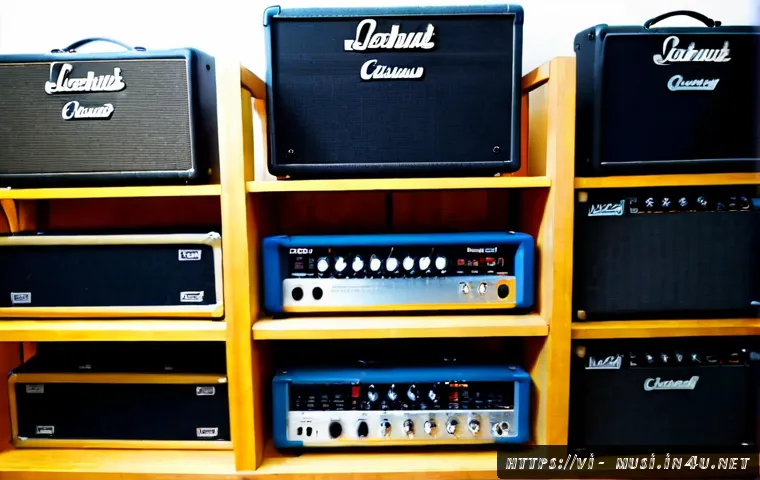 기타 앰프 대여처 - Photorealistic interior of a Vietnamese music equipment rental shop, three clean guitar amplifiers d...