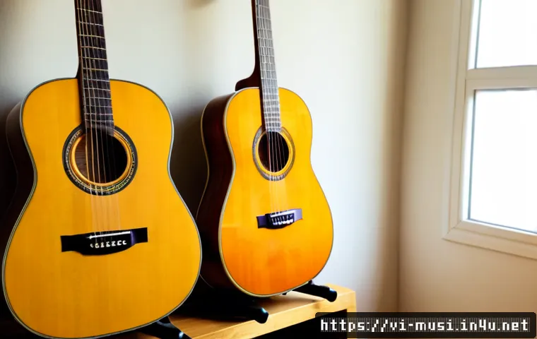 Home 17 기타 종류별 특징 - Photorealistic comparison scene of three distinct guitar types displayed neatly in a warm Vietnamese...
