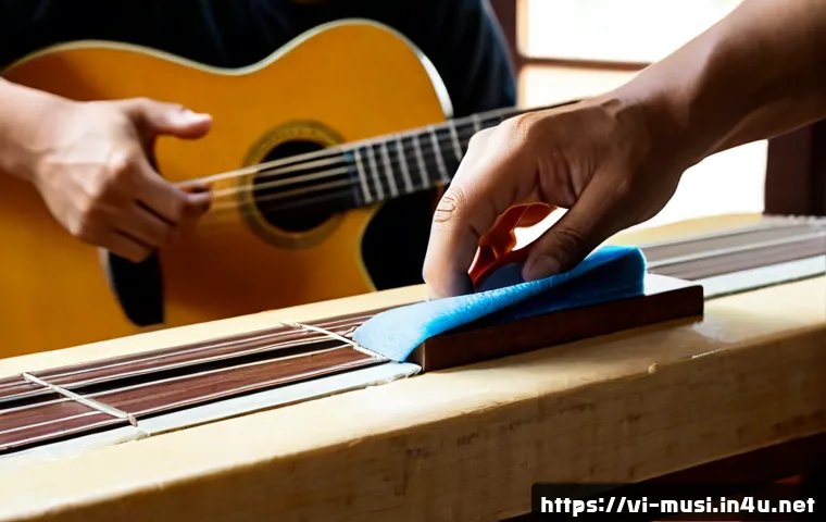 Home 17 기타 픽가드 교체법 - Photorealistic close-up of a Vietnamese guitarist carefully replacing a scratched acoustic guitar pi...
