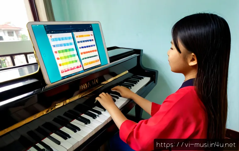 Home 17 피아노 학습 앱 추천 - Photorealistic Vietnamese teenager practicing piano with a tablet-based learning app beside an uprig...